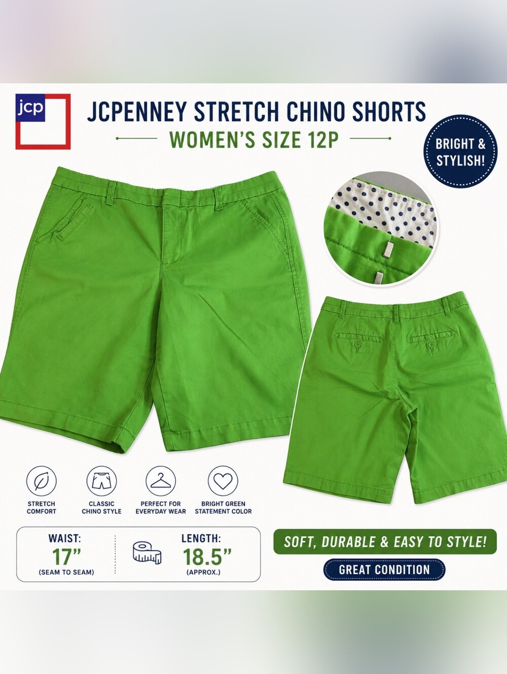 JCPenney Bright Green Stretch Chino Bermuda Shorts 12 Petite